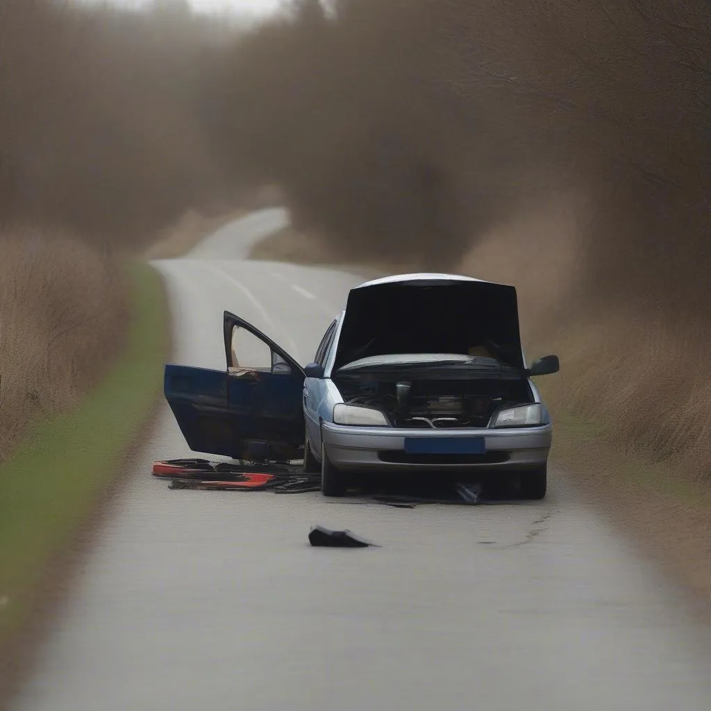 Une voiture en panne sur le bord d'une route de campagne