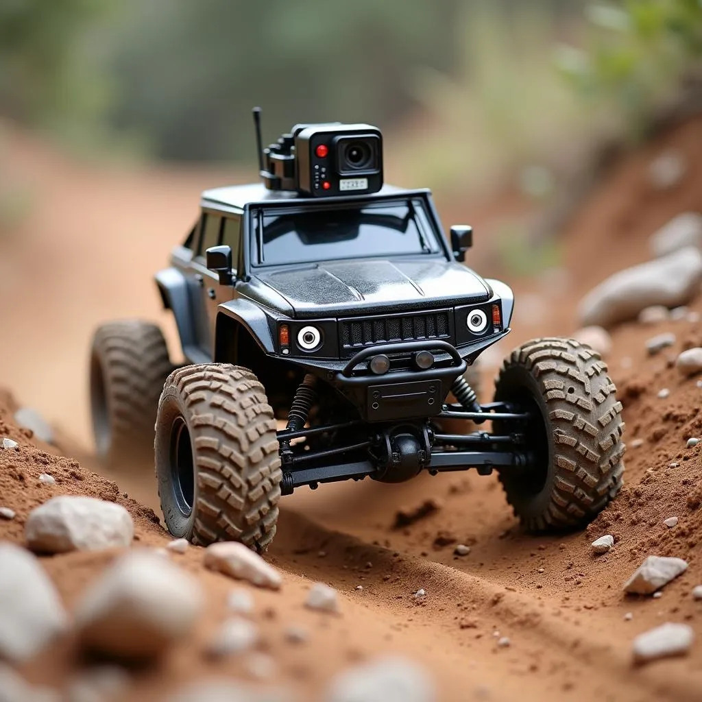 Voiture RC avec caméra franchissant des obstacles