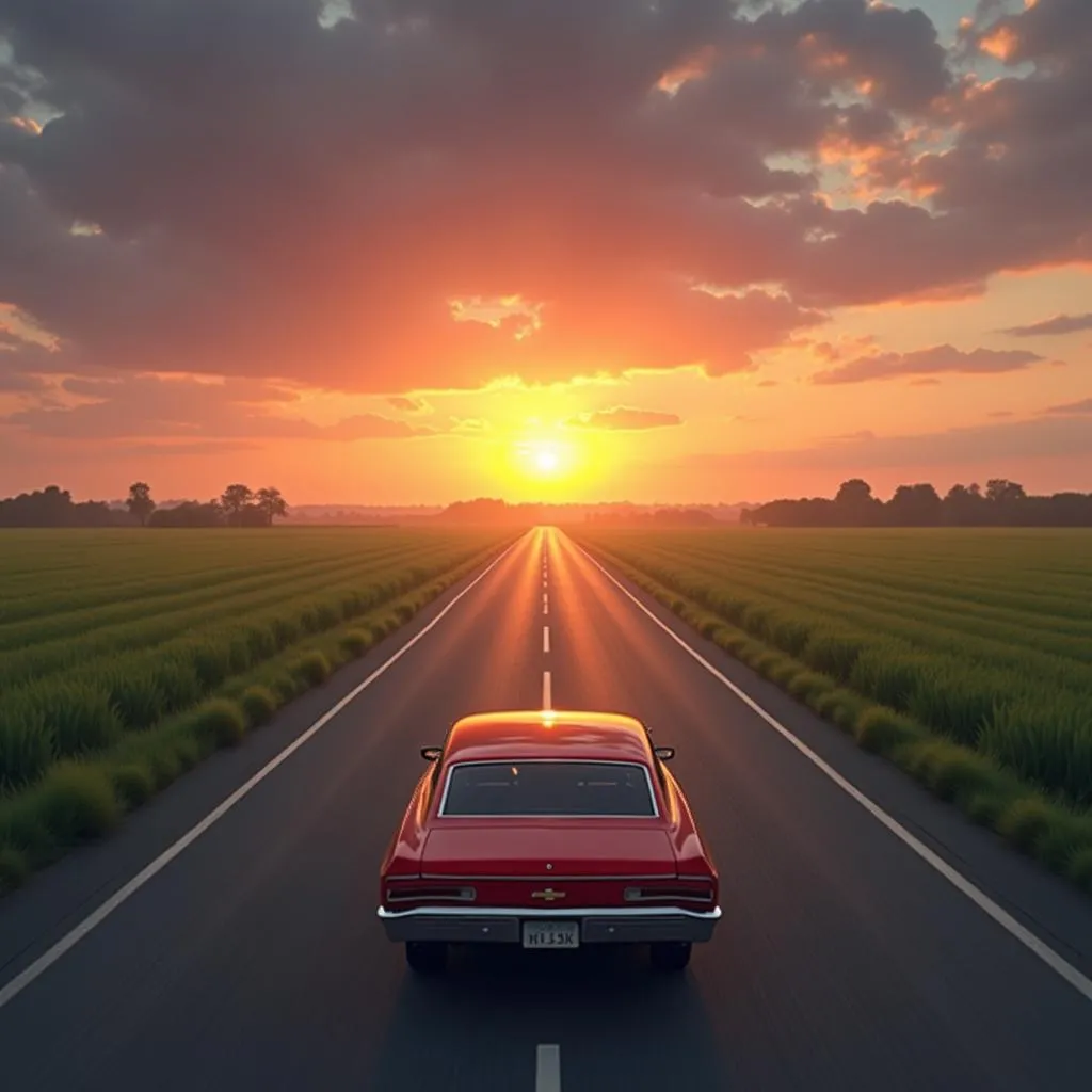 Voiture roulant sur une route de campagne au soleil couchant