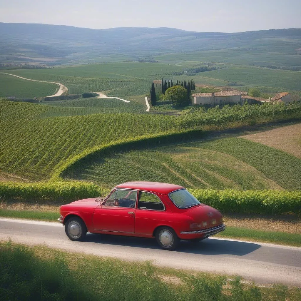 A car driving on a scenic road in France