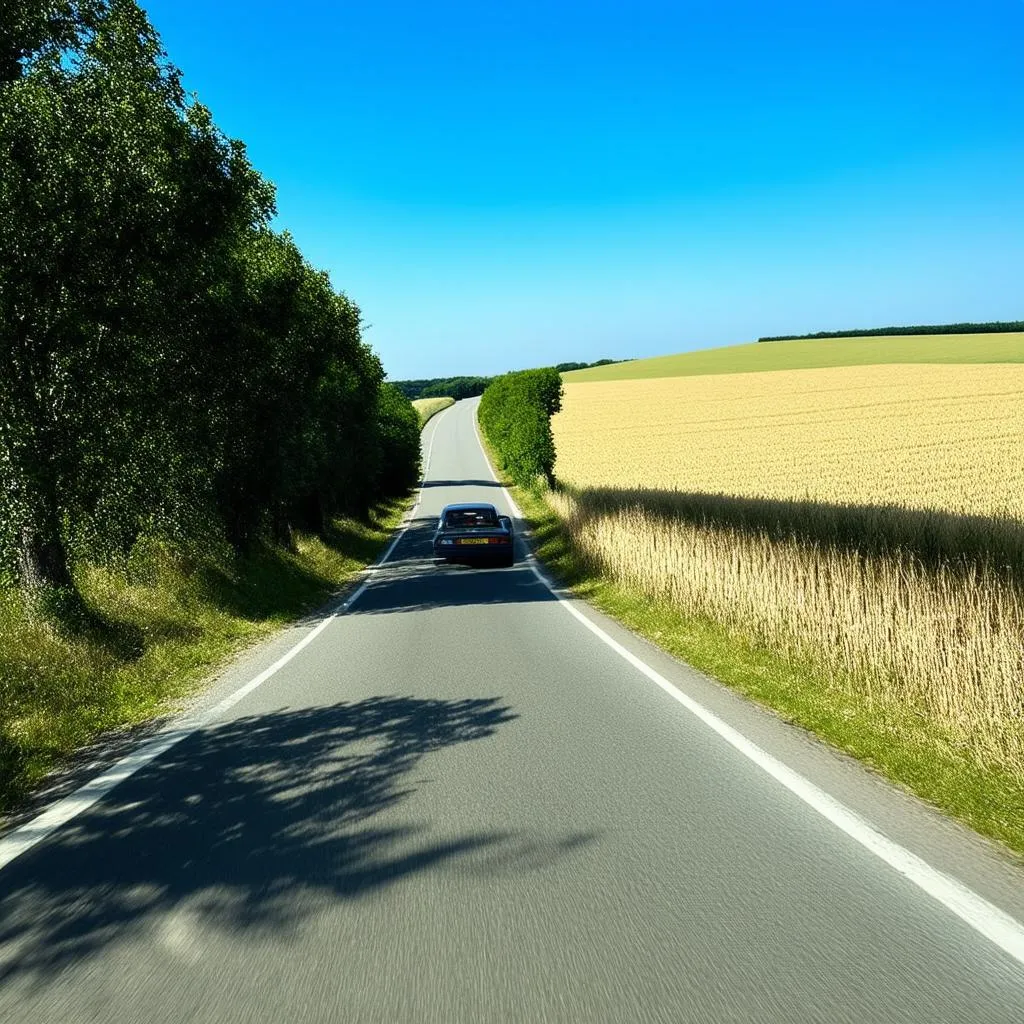 Voiture circulant sur une route de campagne en Vendée