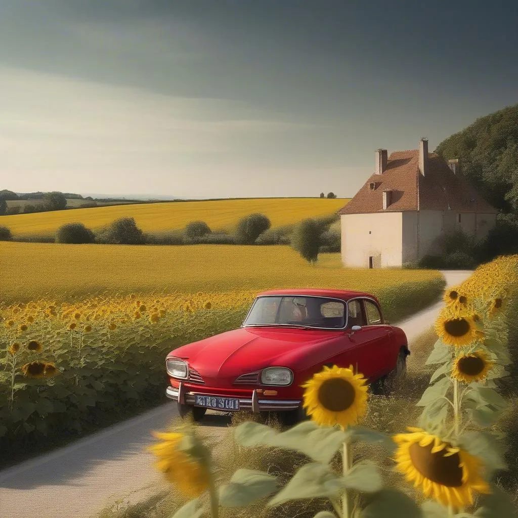 Voiture traversant la campagne française