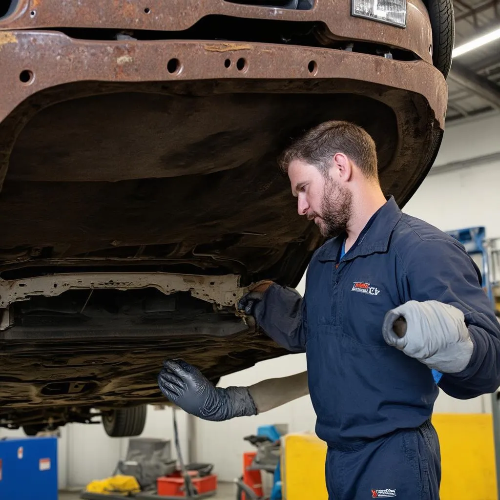 Inspection du châssis d'une voiture vidée