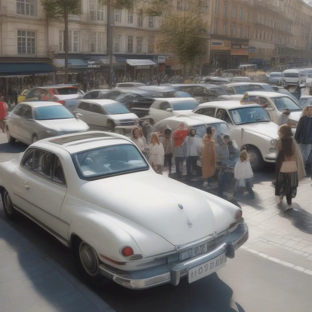 Voiture blanche garée en ville