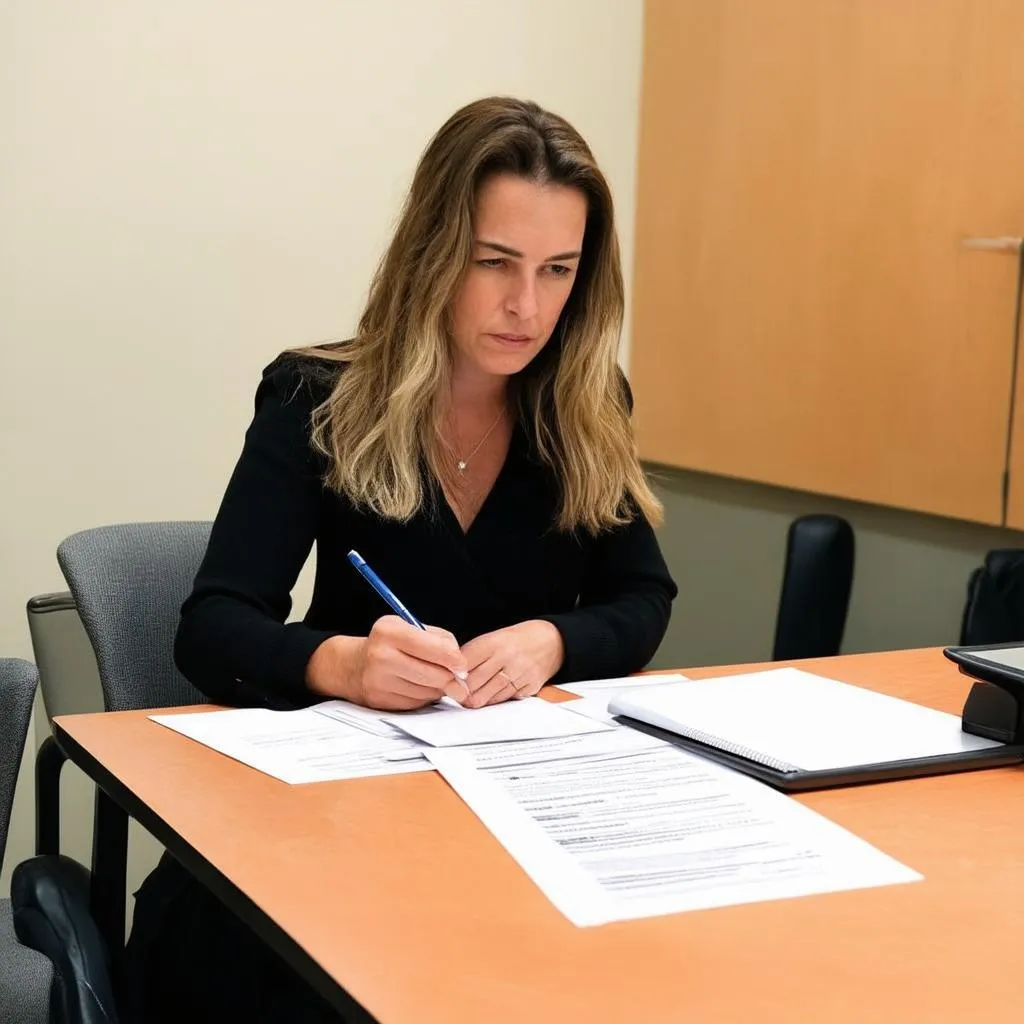 Une femme assise à une table et examinant des documents médicaux avec une expression concentrée