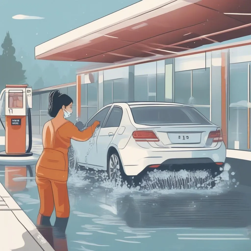 Woman washing car