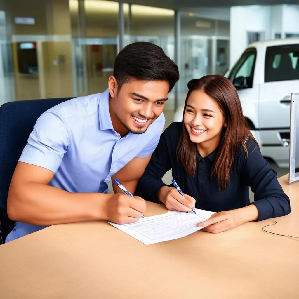 Jeune couple louant une voiture