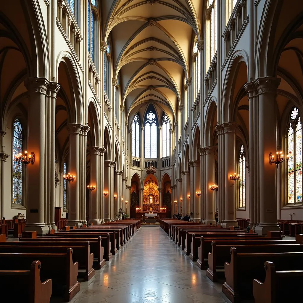 Vue intérieure d'une cathédrale gothique française mettant en valeur son architecture