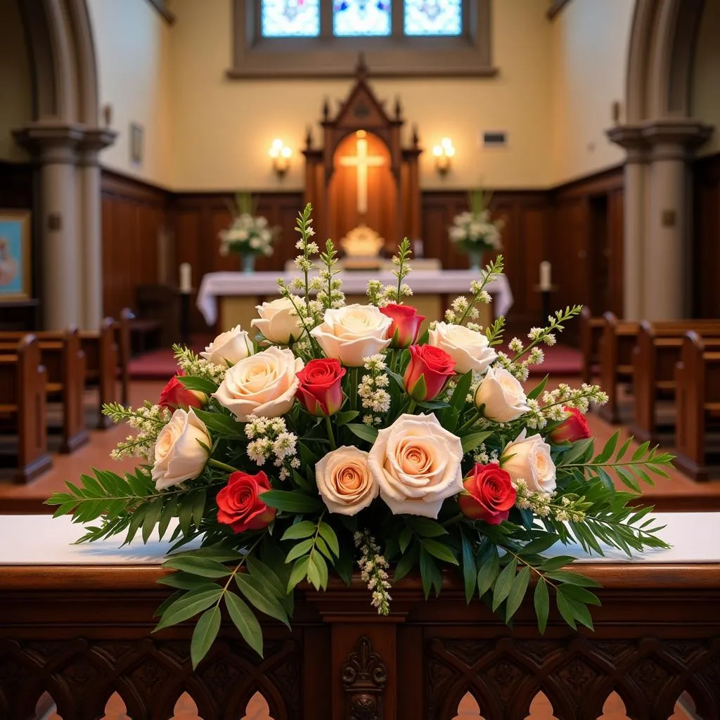 Composition florale majestueuse sur l'autel d'une église