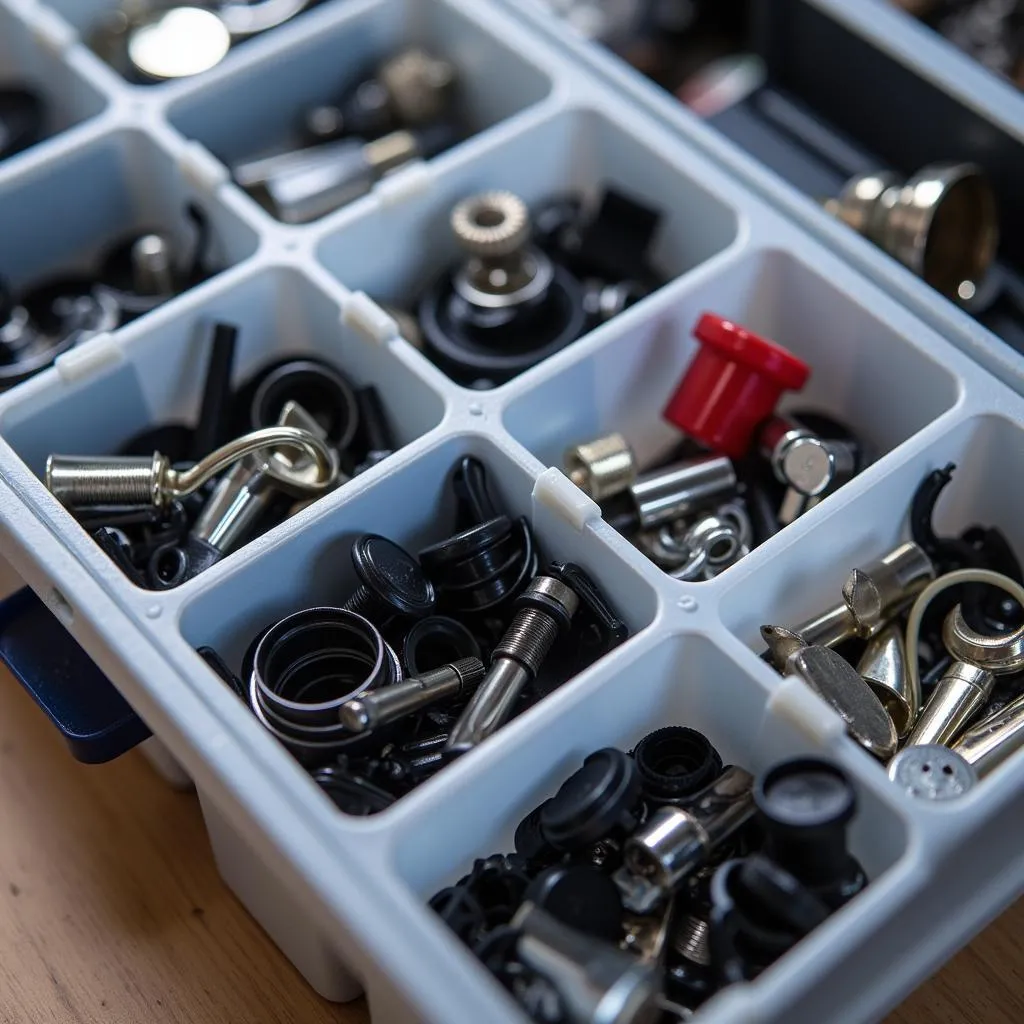 Assortiment de clips automobiles dans une boîte de rangement