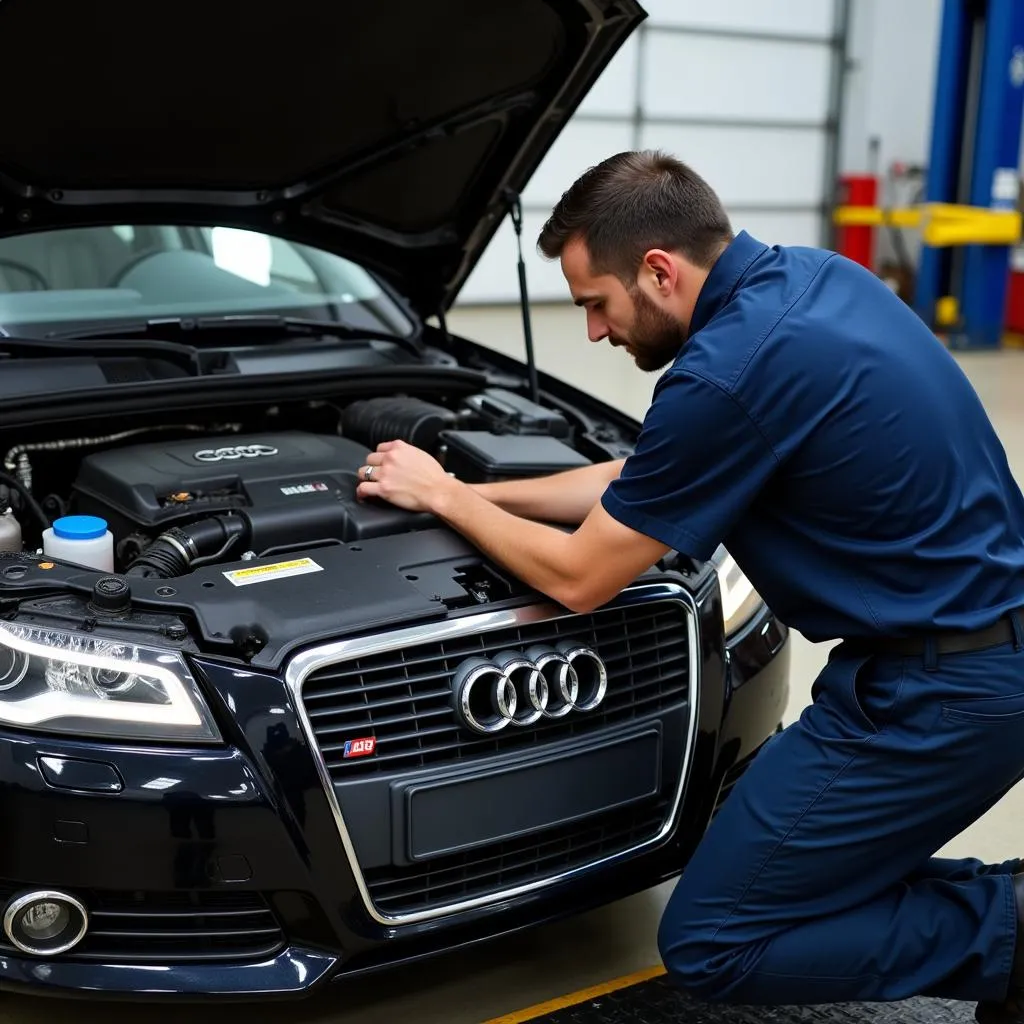 Audi A3 avec le capot ouvert et un mécanicien vérifiant le moteur