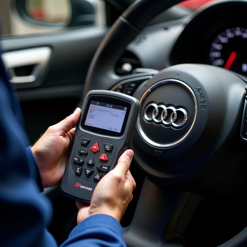 Un mécanicien utilisant un outil de diagnostic sur une Audi A3