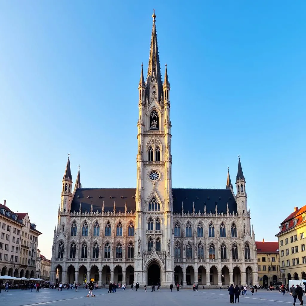 L'Autel de Ville de Munich vu depuis la Marienplatz, avec sa façade gothique imposante et ses tours majestueuses.