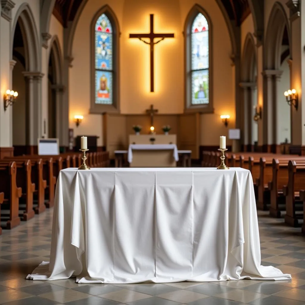 Autel d'église orné d'un napperon blanc