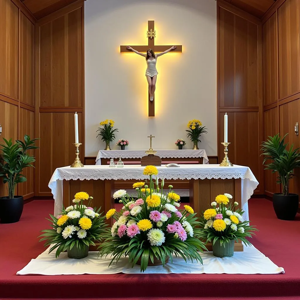 Décoration florale d'un autel pour Pâques