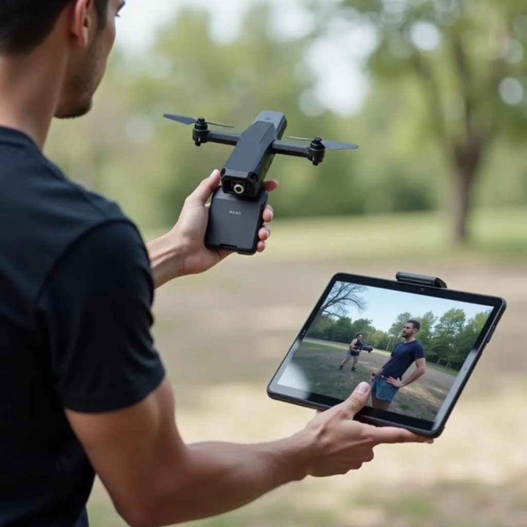 Un homme tient l'Autel Evo II Pro 6K avec une tablette affichant le flux en direct