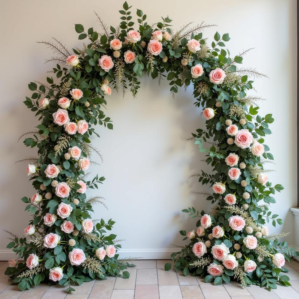 Autel de mariage avec des roses, de l'eucalyptus et de l'astilbe