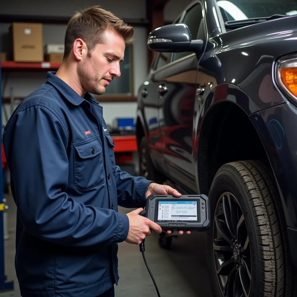 Technicien utilisant l'Autel MaxiTPMS TS601 dans un garage