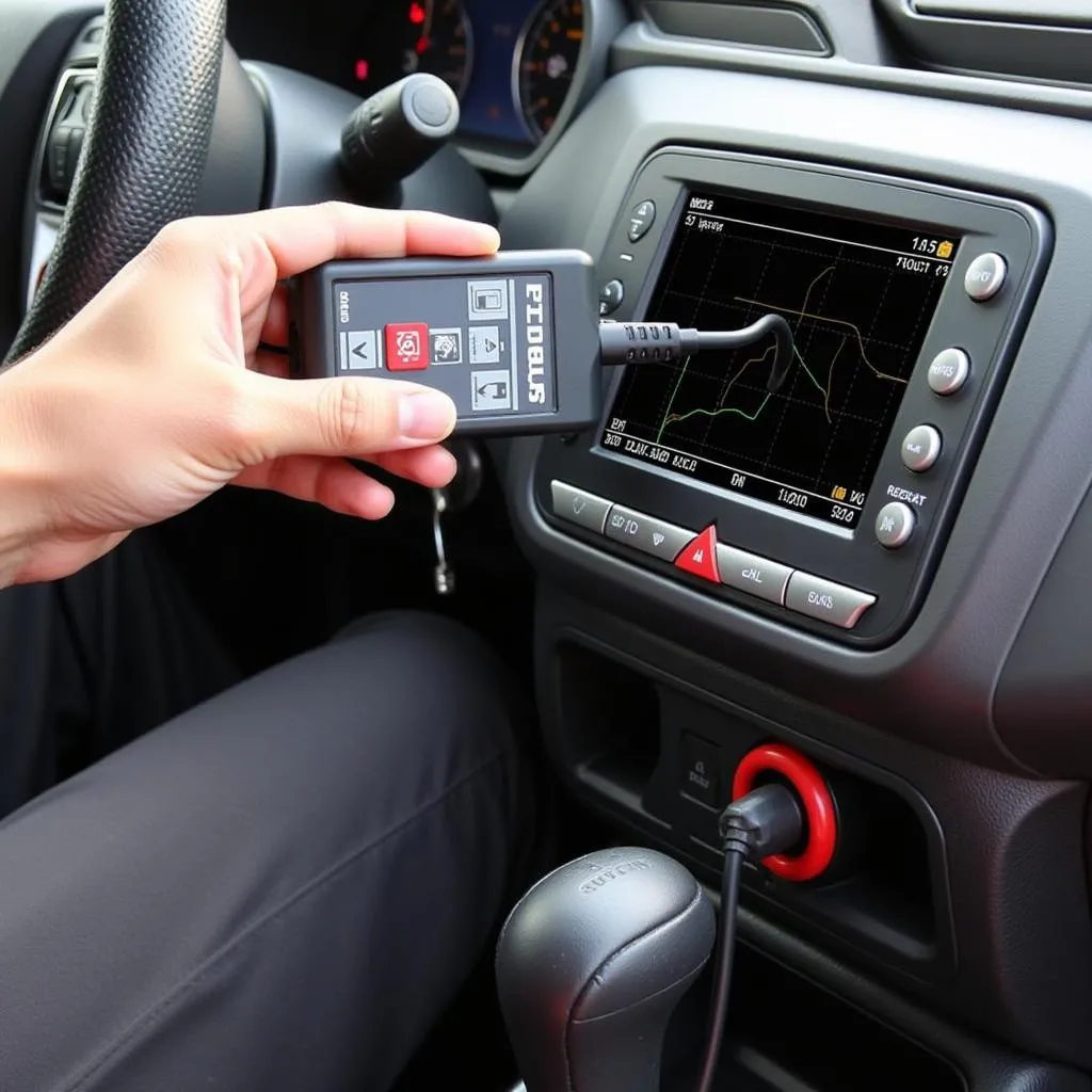 L'Autel MK808 est branché sur le port OBD2 d'une voiture