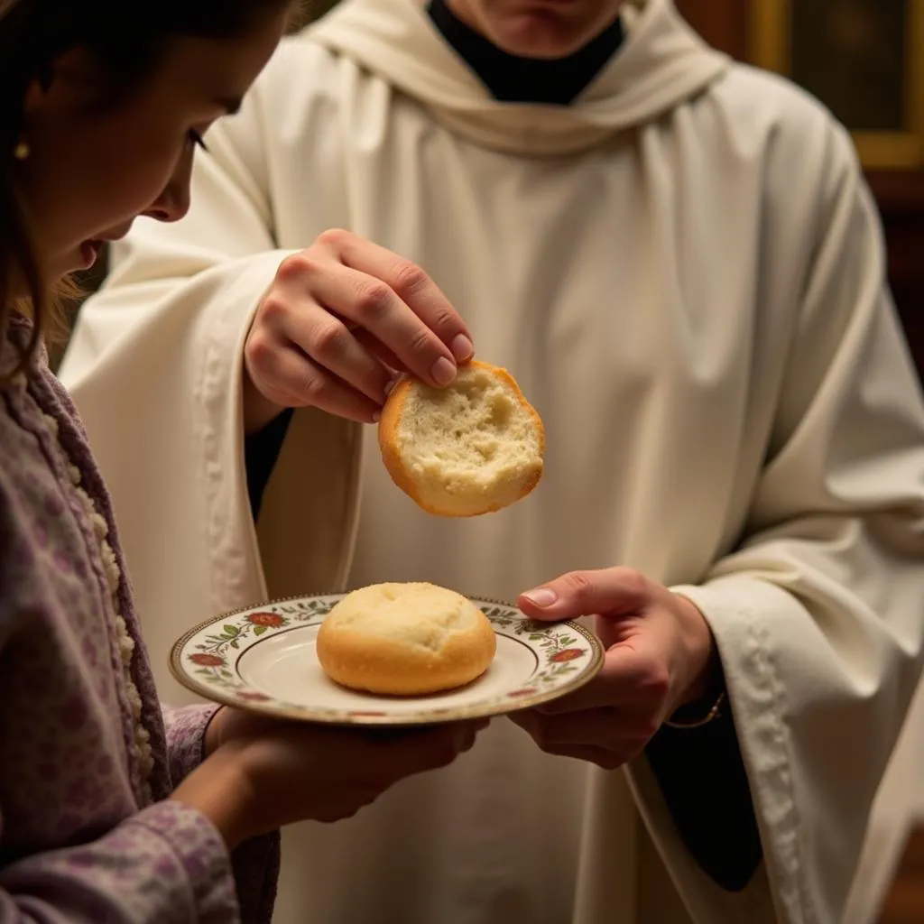 Servant d'autel aidant à distribuer la communion