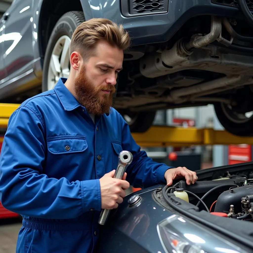 Un mécanicien utilisant un banc de réparation automobile pour travailler sur un moteur.