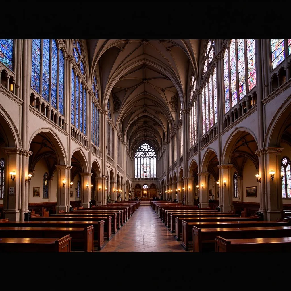 Vue intérieure de la basilique Saint-Denis avec ses vitraux et sa nef