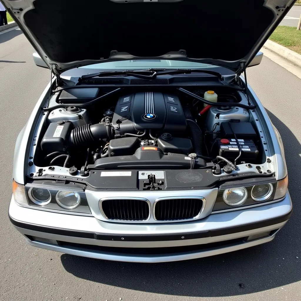 BMW E38 avec capot ouvert montrant le moteur