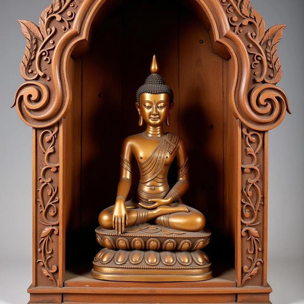 Bouddha en bois sculpté à la main dans une niche d'autel birmane traditionnelle, mettant en valeur l'artisanat et la spiritualité.