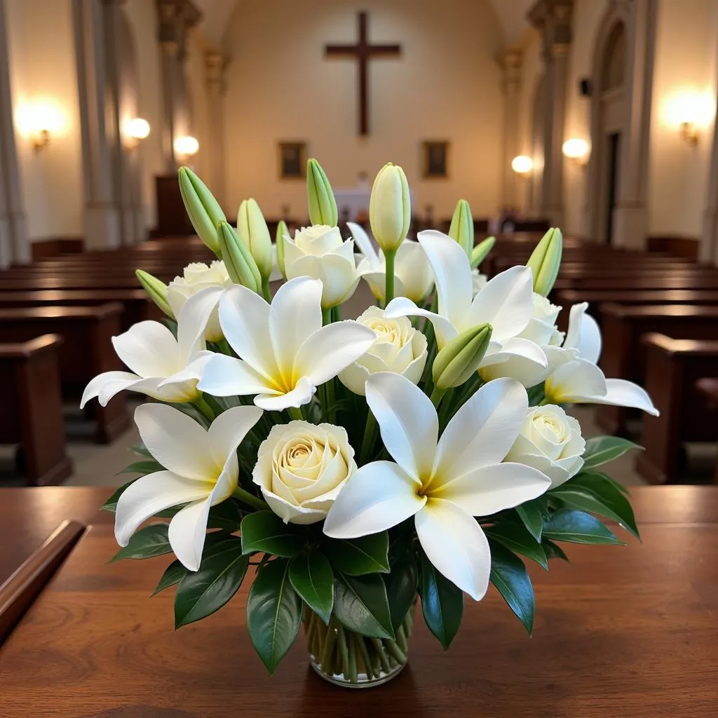 Bouquet de fleurs blanches sur un autel d'église