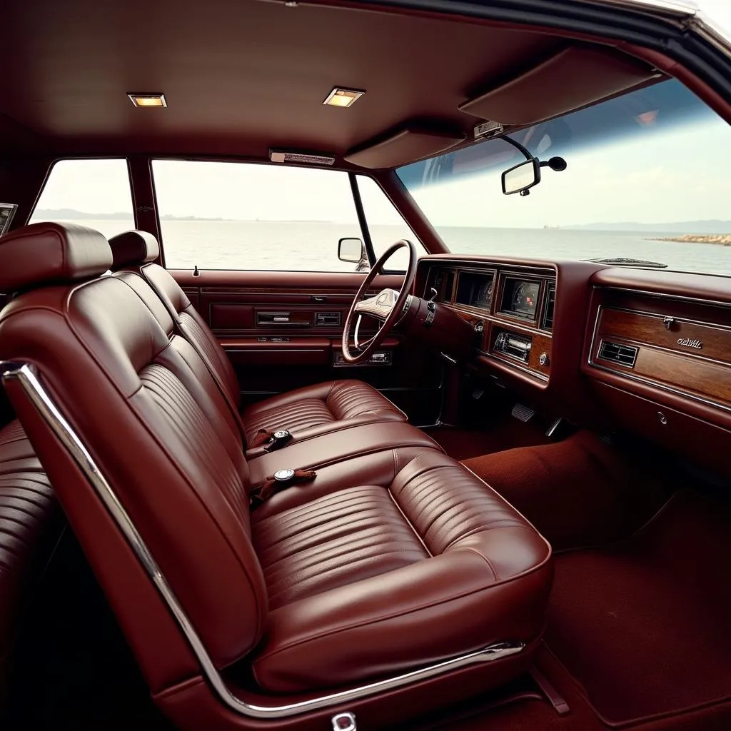 Intérieur luxueux d'une Cadillac Brougham, mettant en évidence les sièges en cuir et les finitions bois.