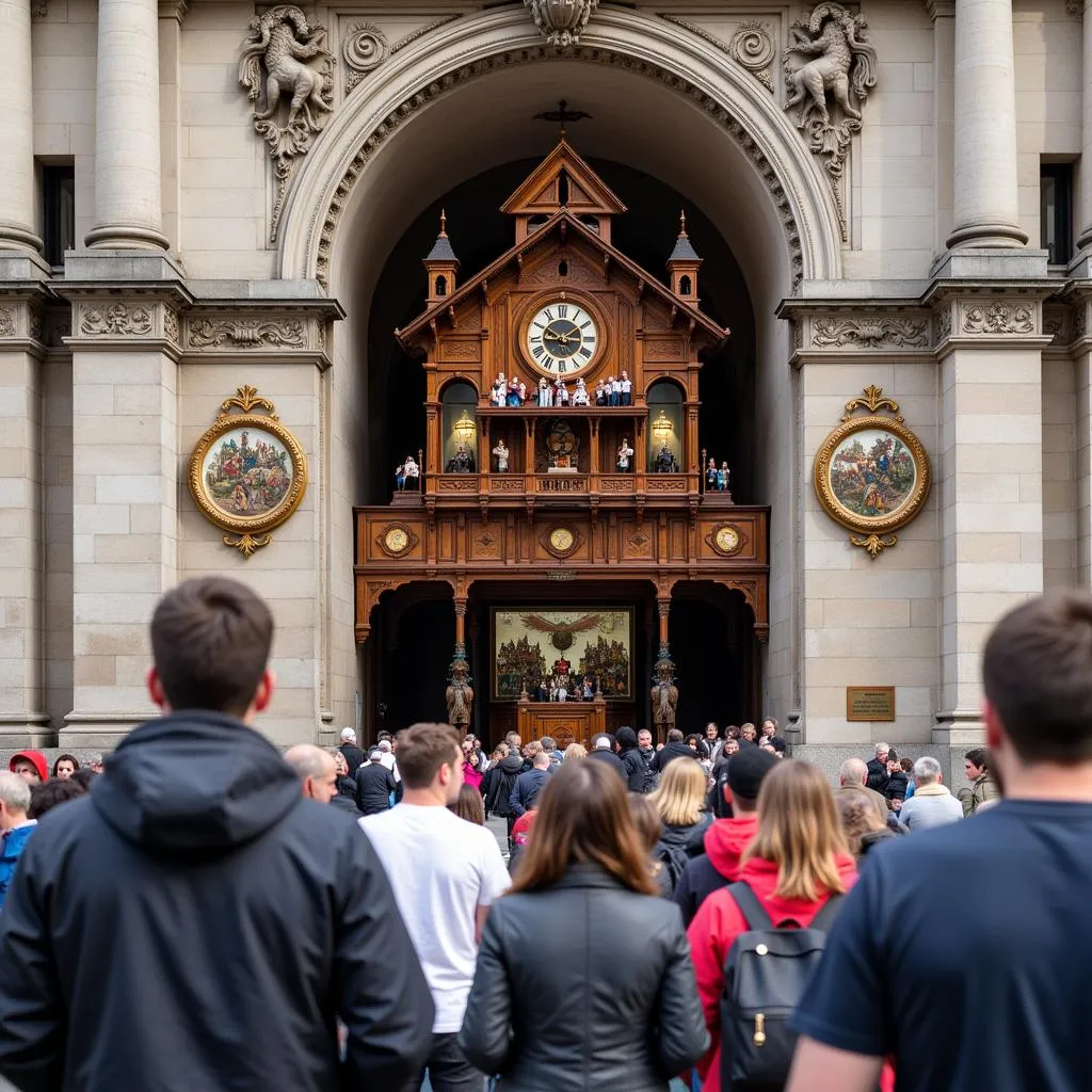 Le carillon de l'Autel de Ville de Munich avec ses figurines animées en mouvement, attirant une foule de spectateurs admiratifs.