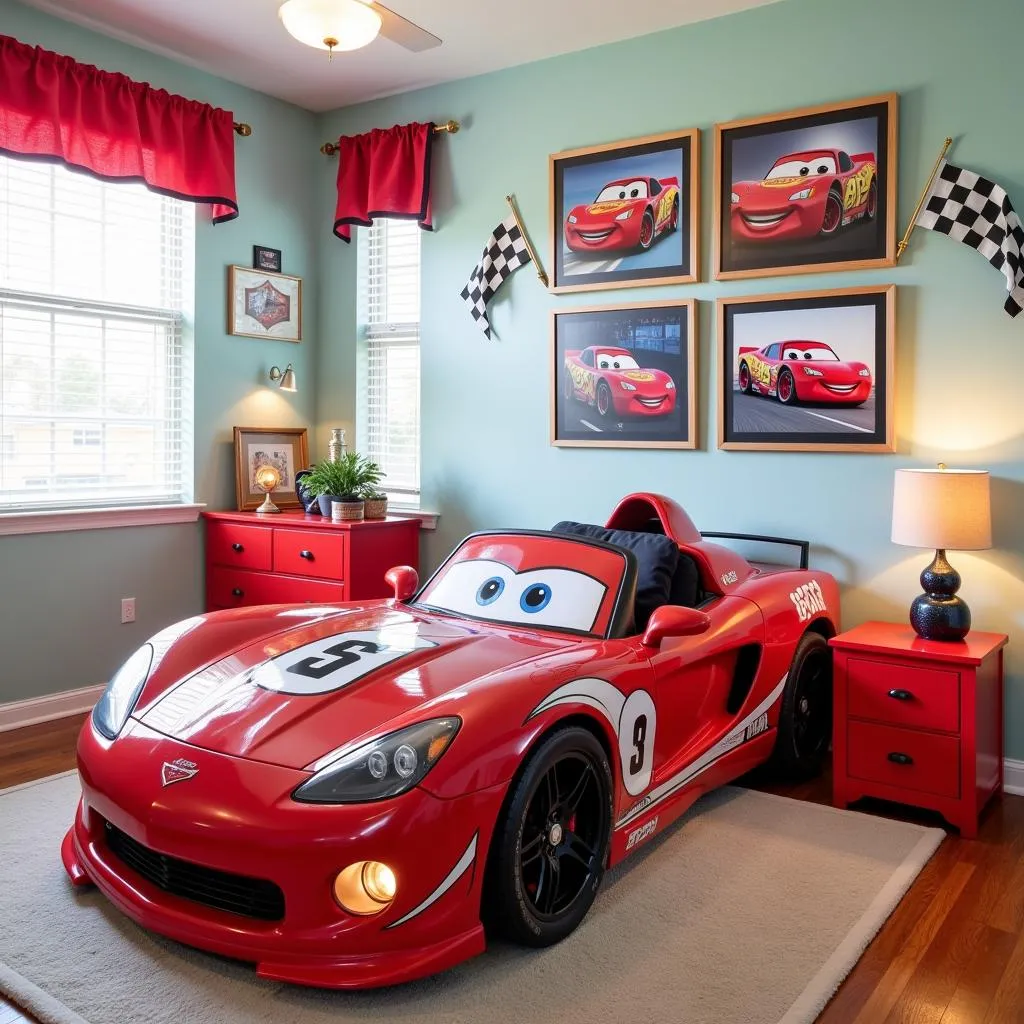 Chambre d'enfant décorée sur le thème de la course automobile avec un lit voiture de course, des drapeaux à damier et des posters de voitures de course.