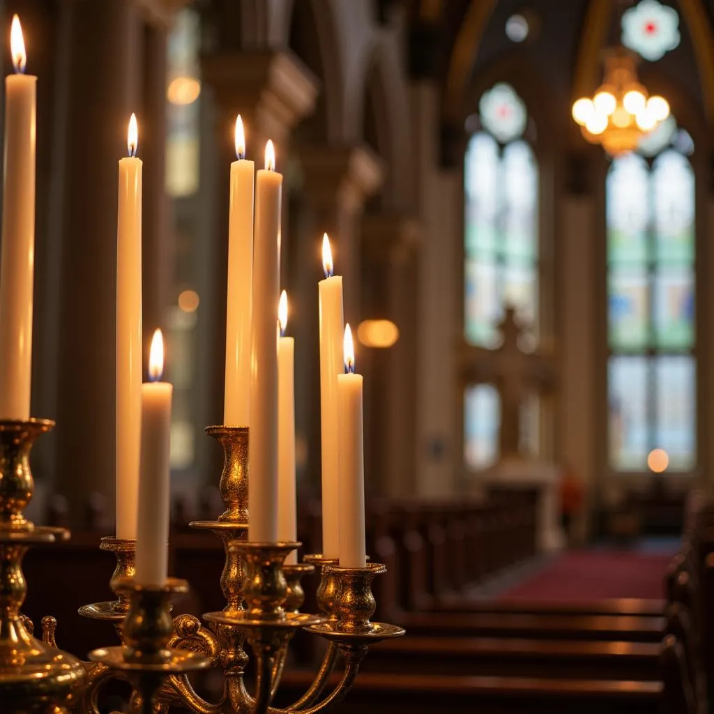 Cierges blancs sur un chandelier d'autel dans une église