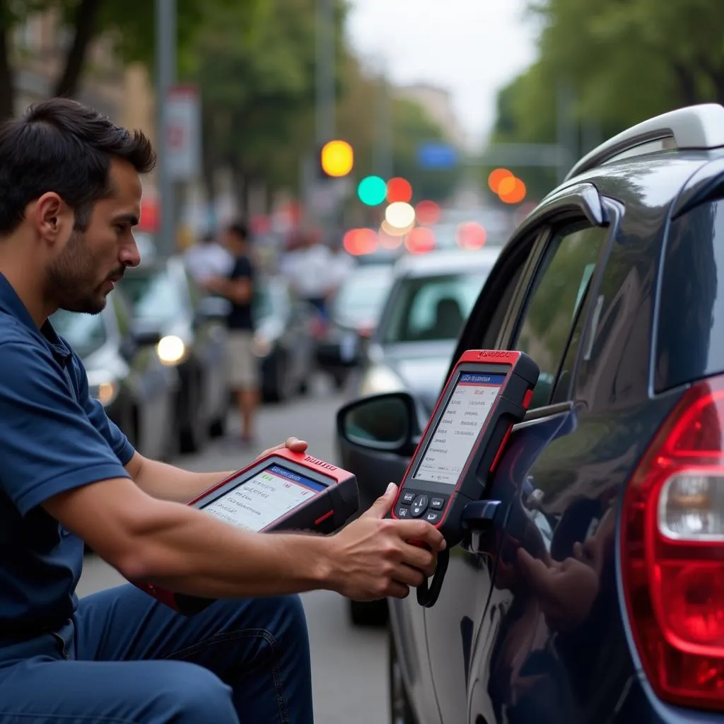 Circulation dense à Mexico City avec un mécanicien utilisant un outil de diagnostic Autel