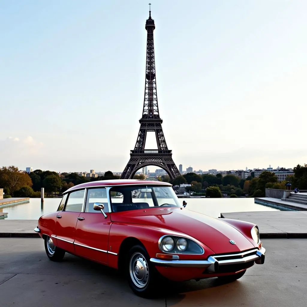 Citroën DS garée devant la Tour Eiffel à Paris