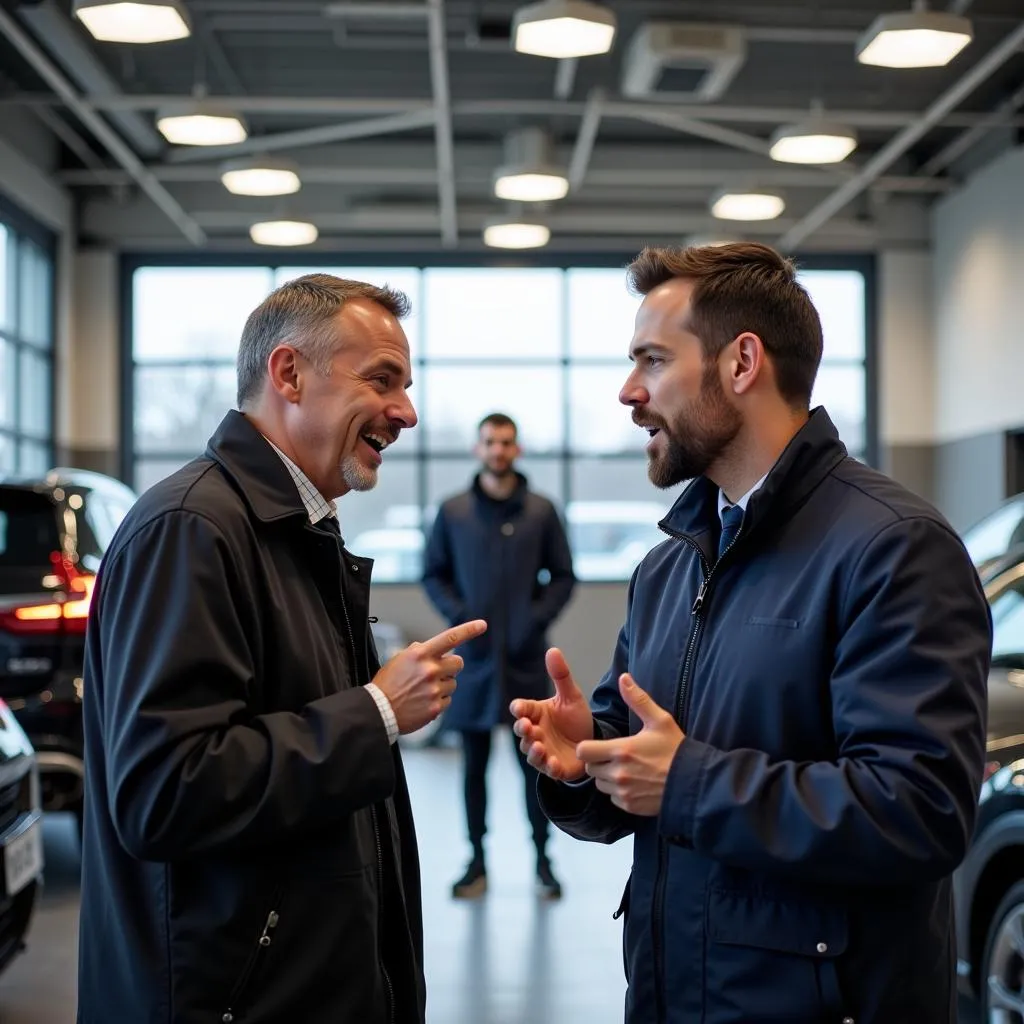 Clients européens exigeants dans un garage automobile