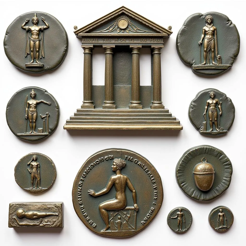 Collection de monnaies romaines avec différents autels