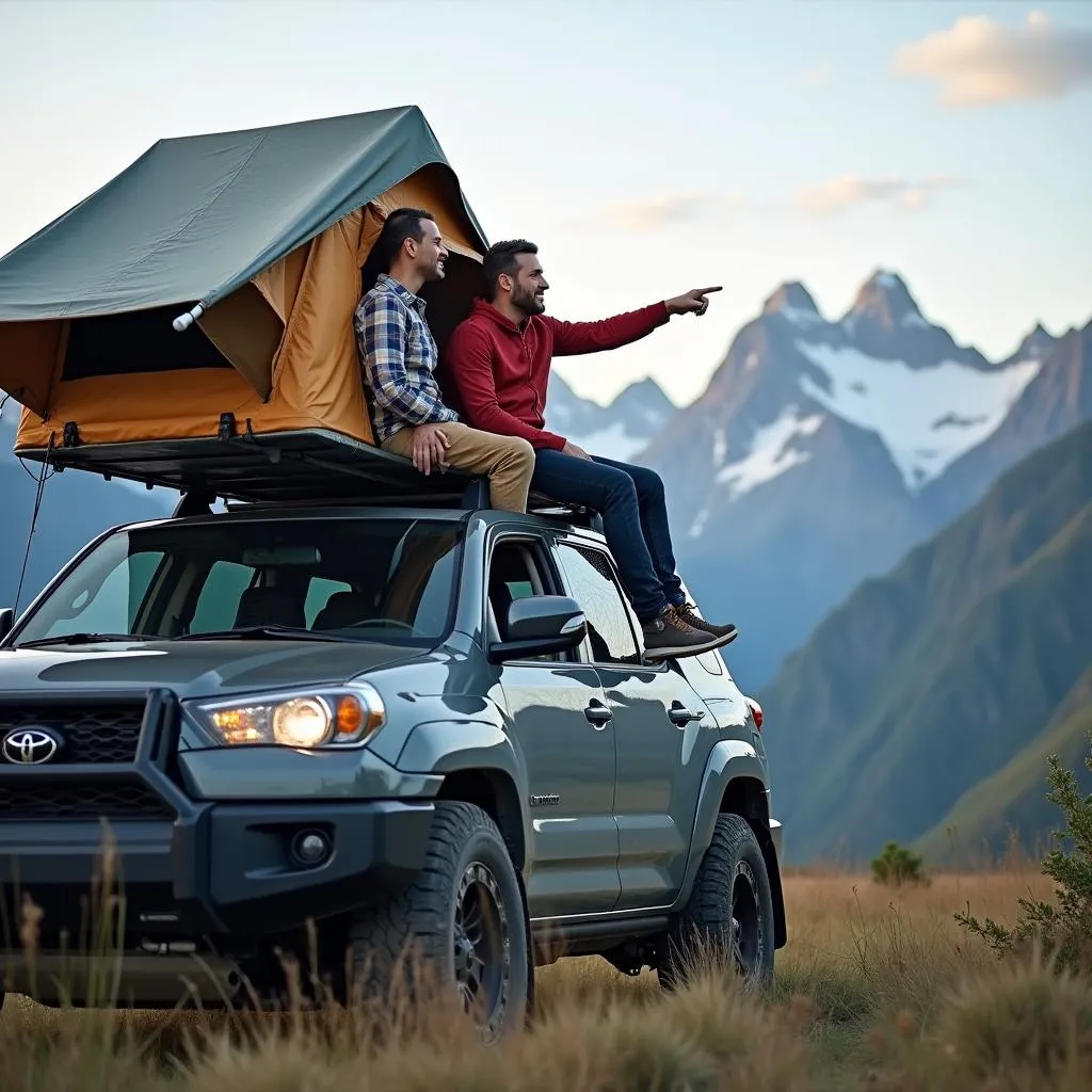 Couple admirant le paysage depuis leur tente de toit de voiture dans les montagnes