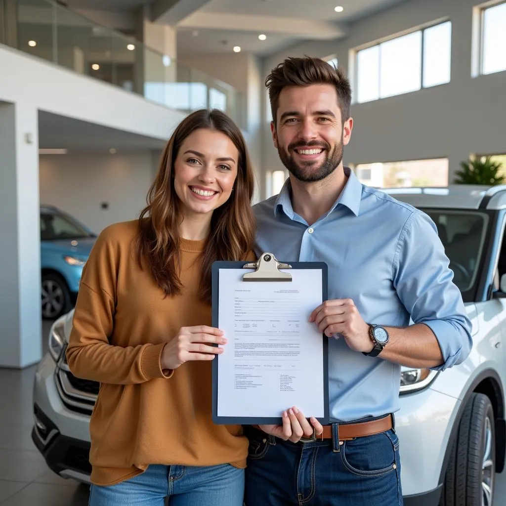 Couple souriant devant leur nouvelle voiture