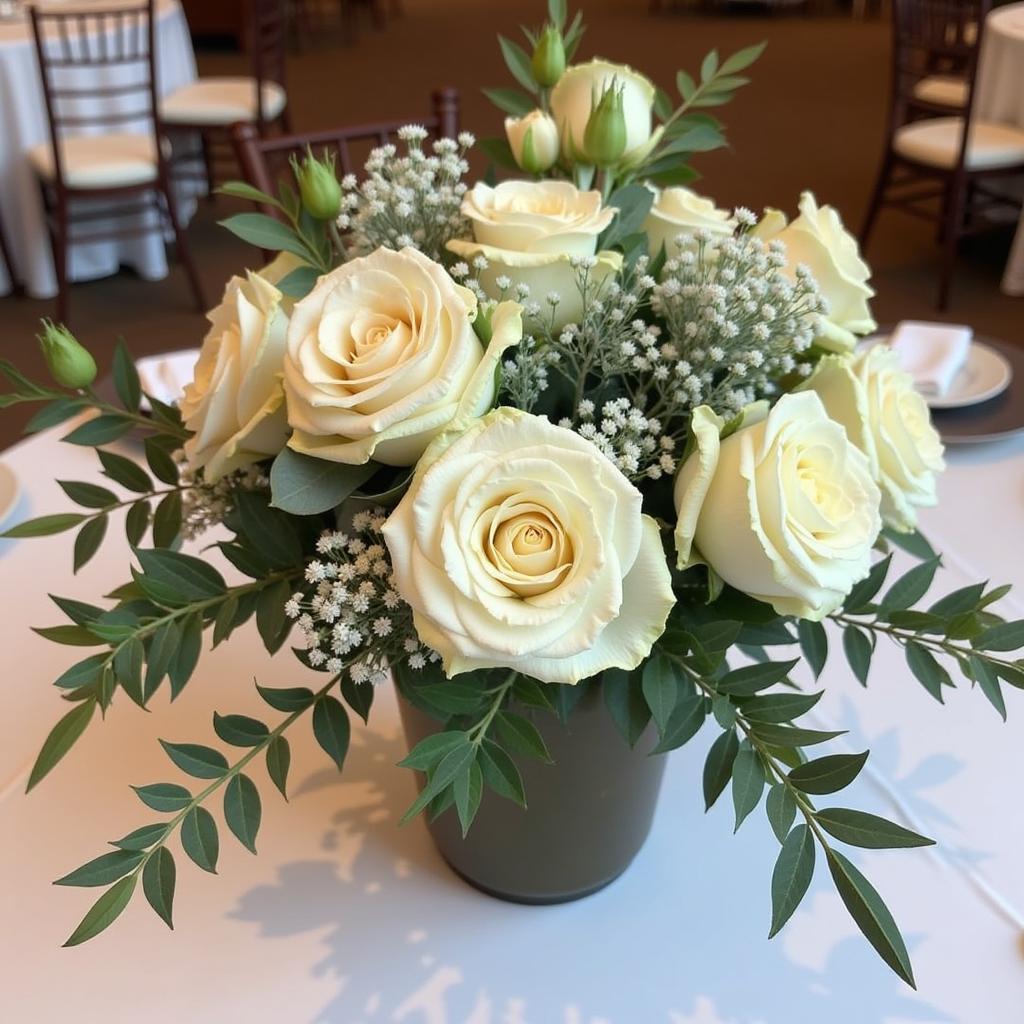 Décoration de table avec des roses, de l'eucalyptus et de l'astilbe