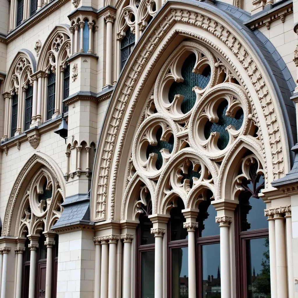 Gros plan sur les détails architecturaux gothiques de l'Autel de Ville de Munich, mettant en valeur la finesse des sculptures et la complexité des motifs.