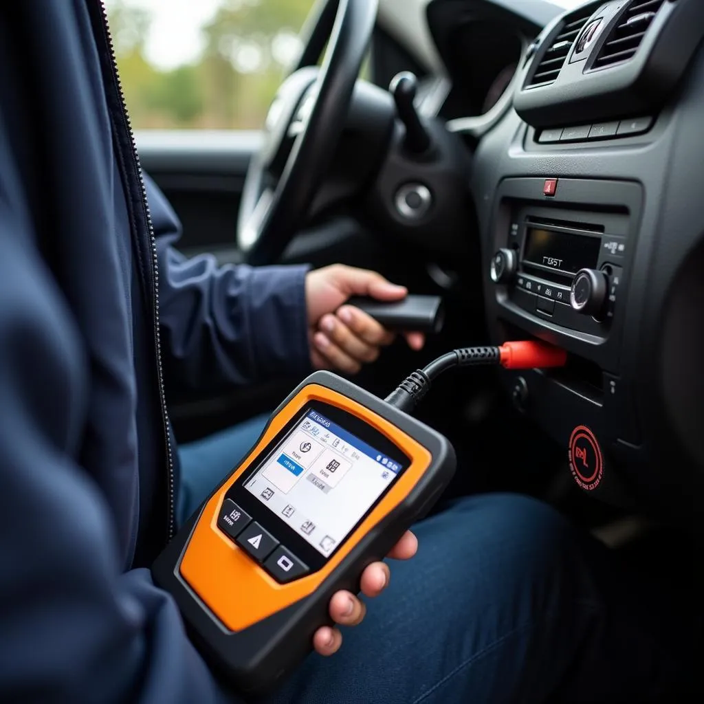 Mécanicien utilisant un outil de diagnostic sur une voiture