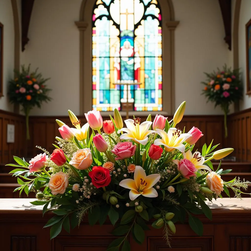 Arrangement de fleurs colorées devant un vitrail d'église