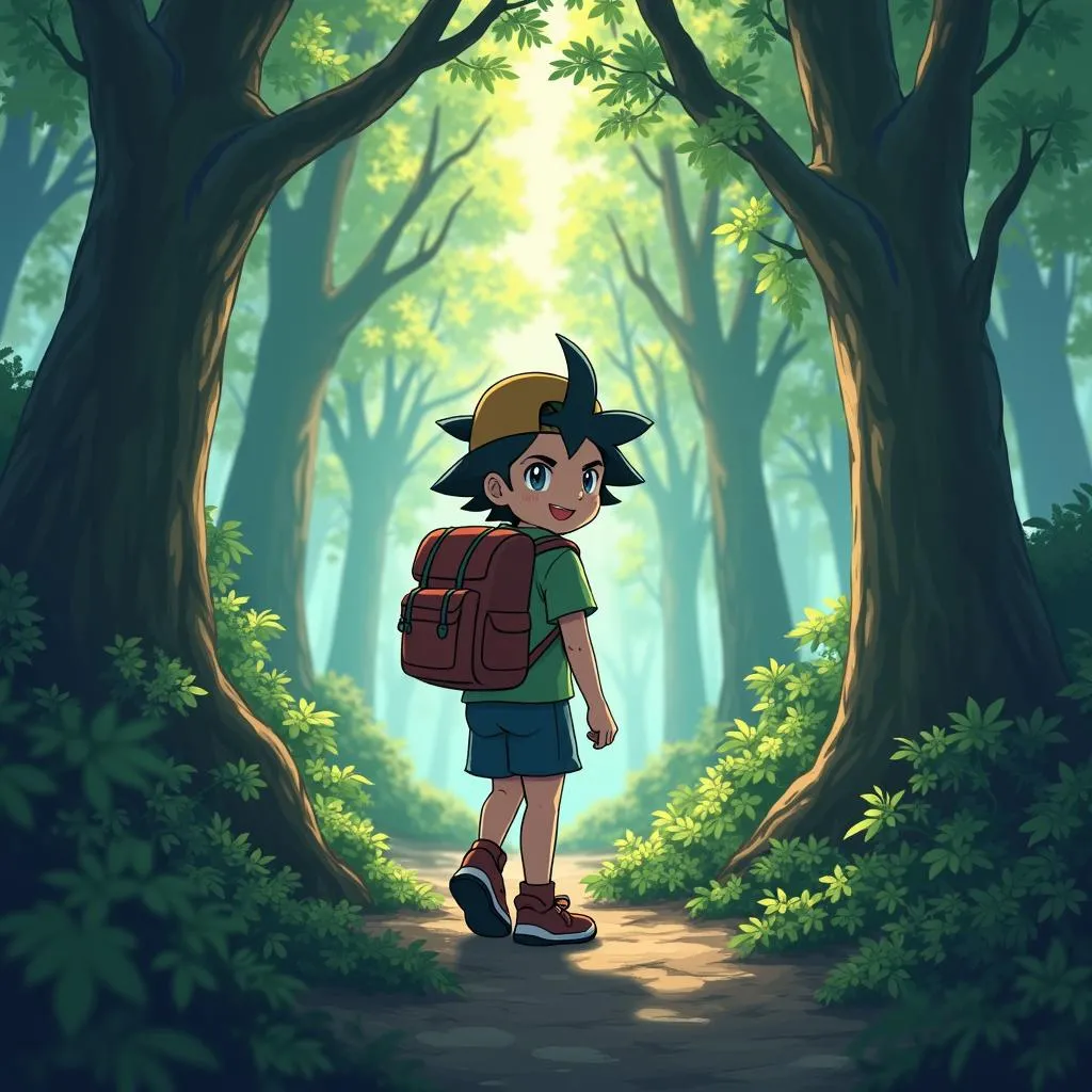 Dresseur Pokémon explorant une forêt dense à la recherche de l'Autel de l'Abondance