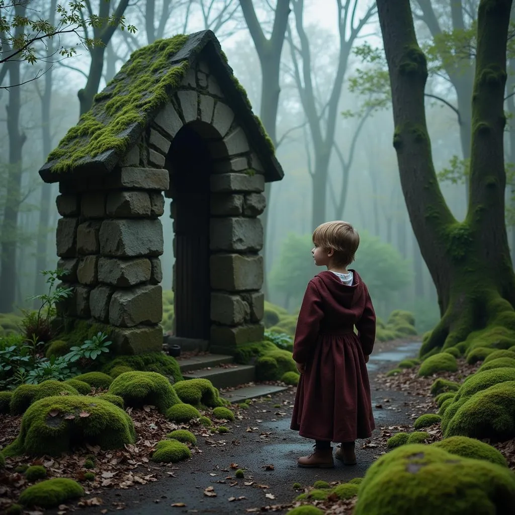 Enfant breton près d'un autel ancien