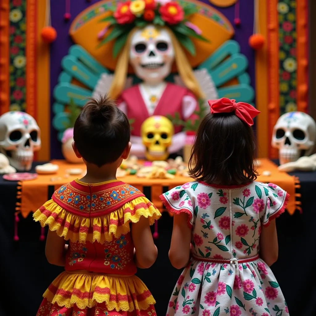 Enfants mexicains devant un autel des fêtes des morts