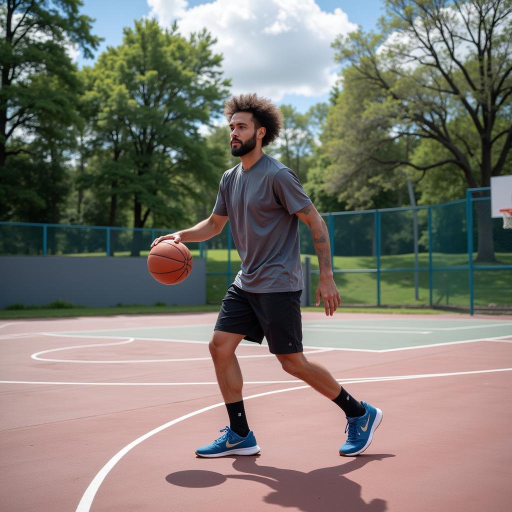 Un joueur de basket s'entraine sur un terrain de basket