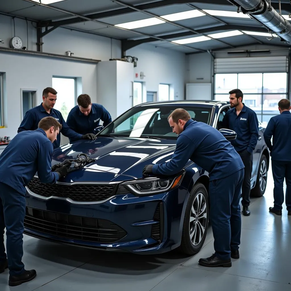 Une équipe de carrossiers expérimentés travaille sur une voiture dans un atelier moderne.