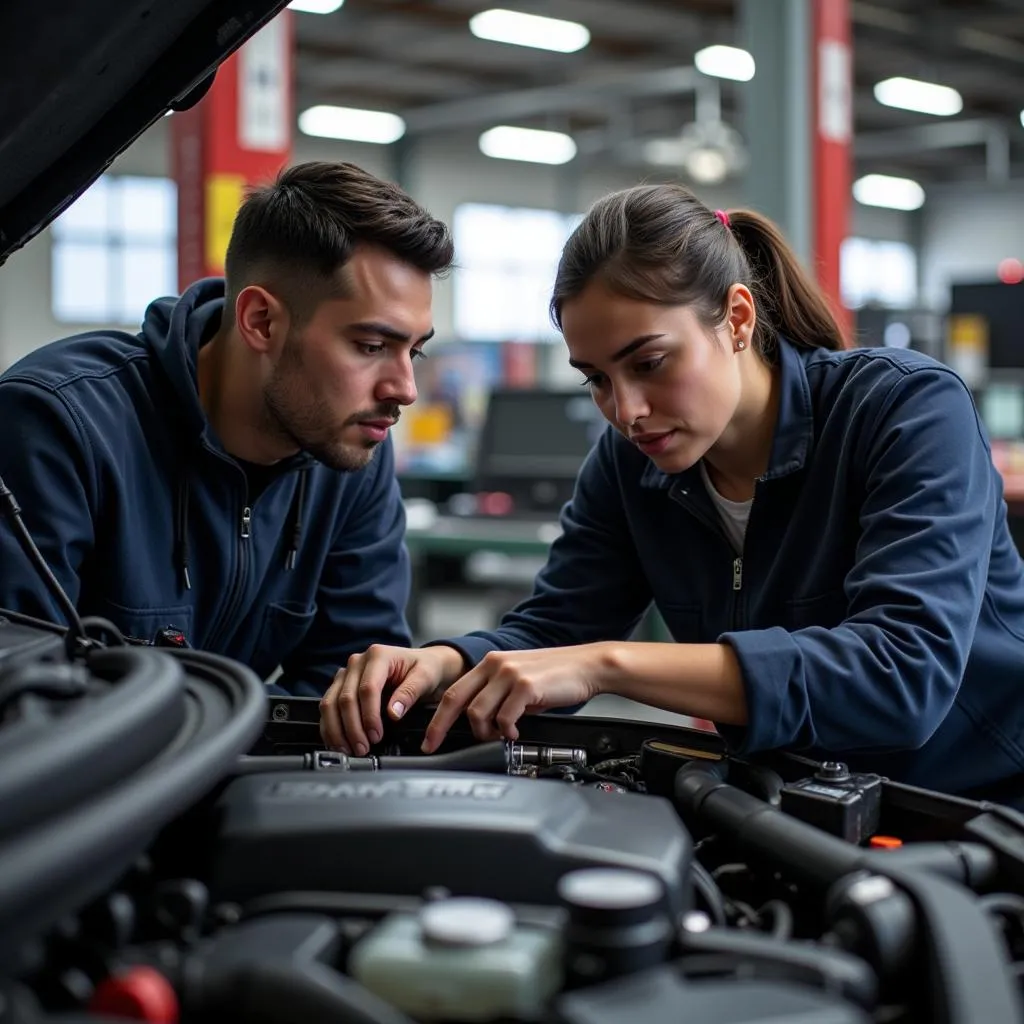 Étudiants en automobile discutant d'un moteur