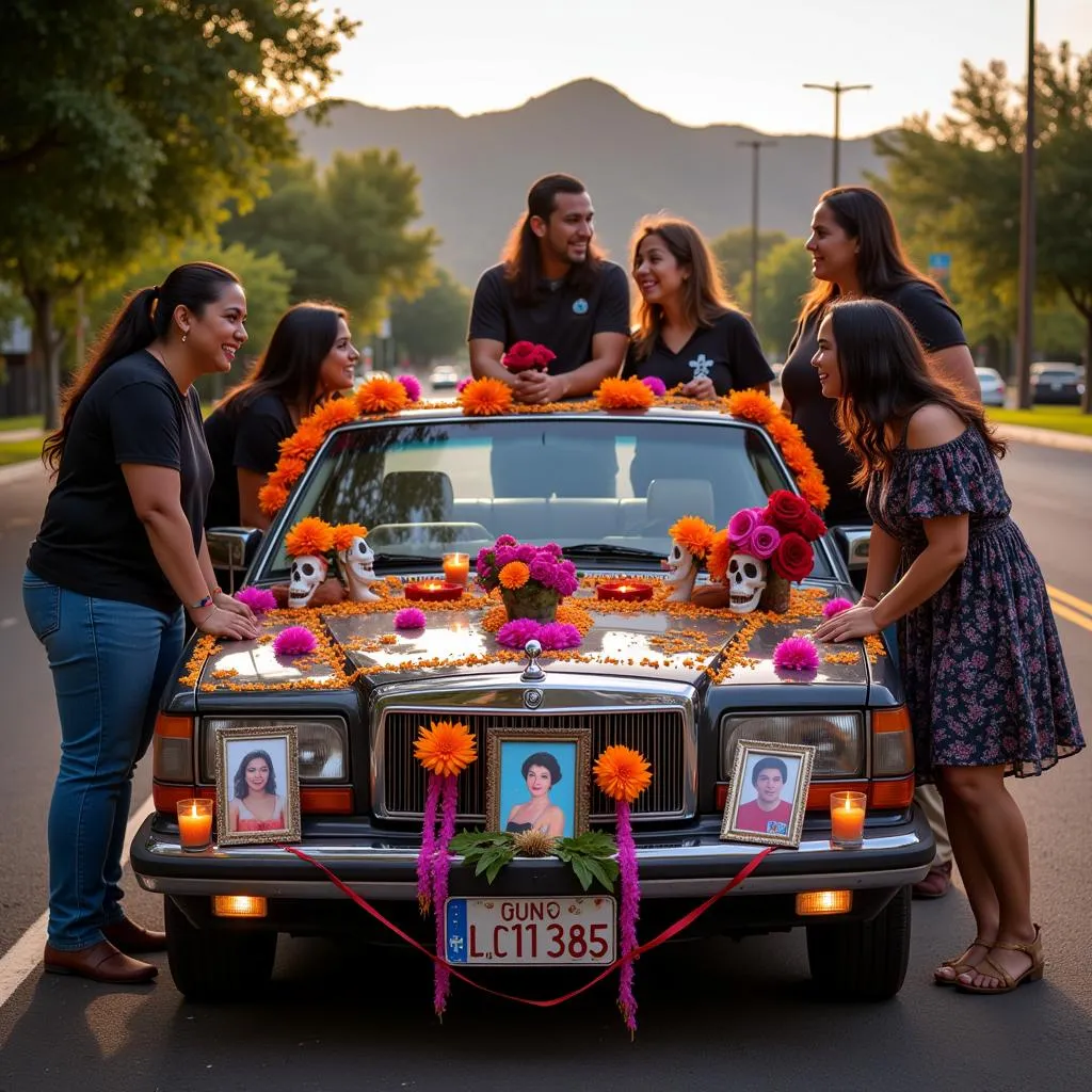 Famille Mexicaine Célébrant le Dia de Muertos avec un Autel sur leur Voiture